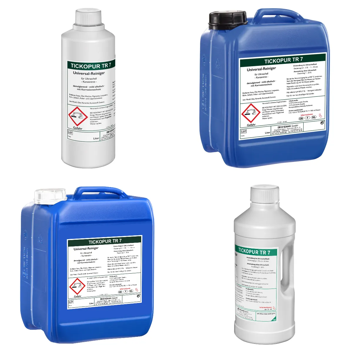 Bandelin TICKOPUR TR 7 Universal-Reiniger Verschiedene Gebindegrößen Bandelin TICKOPUR TR 7 Demulgierender Universal-Reiniger Gebindeübersicht 1 Liter 2 Liter 5 Liter und 10 Liter