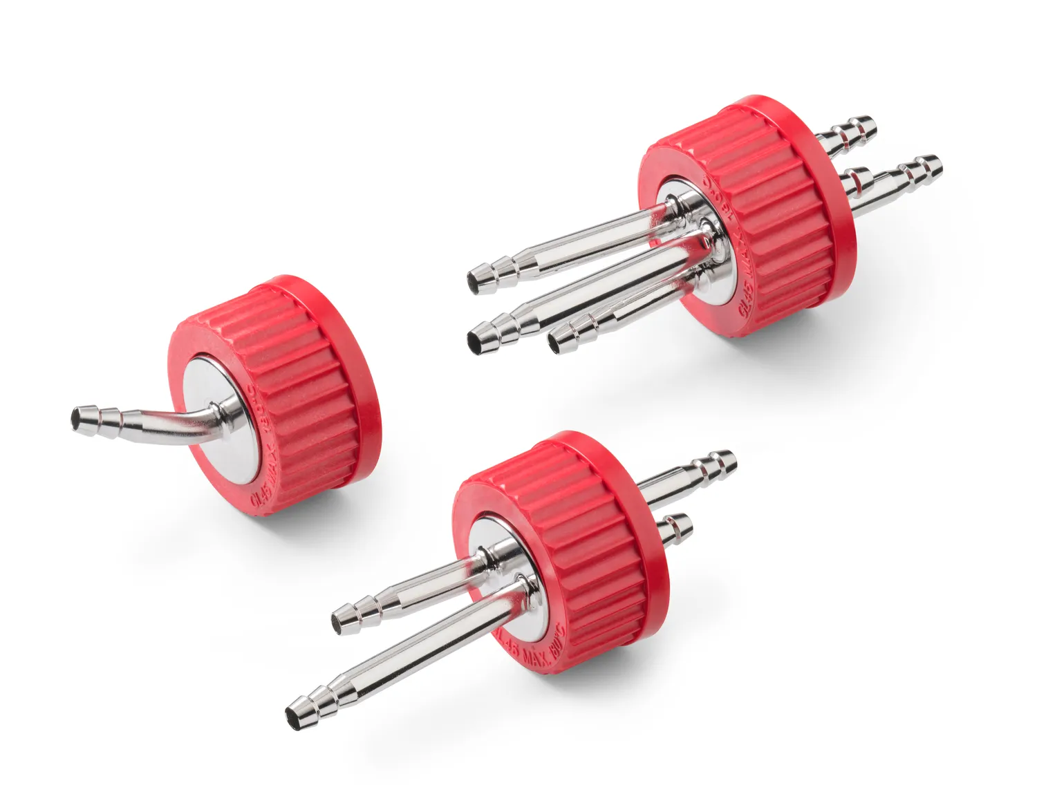 DURAN GL 45 Edelstahl-Mehrfach-Anschlusskappe PBT Rot – Sortiment Mehrere rote DURAN GL 45 Edelstahl-Mehrfach-Anschlusskappen aus PBT mit unterschiedlicher Anzahl an Schlaucholiven in Schrägansicht im freigestellten Format