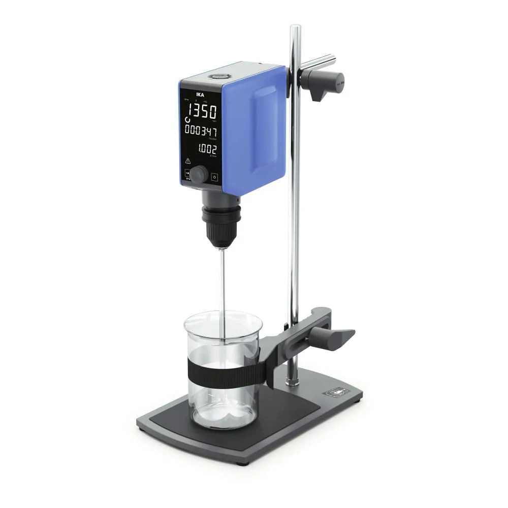 IKA EUROSTAR 20d plate stand Solution Laborrührwerk Komplett-Set IKA EUROSTAR 20d plate stand Solution Rührwerk Komplett-Set mit Stativ, Becherglas und Rührwelle in schräger Gesamtansicht vor weißem Hintergrund