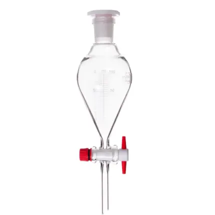DURAN Scheidetrichter mit PTFE-Hahnschlüssel, konische Form mit Skala, 100 ml, Borosilikatglas 3.3 in Vorderansicht im freigestellten Format