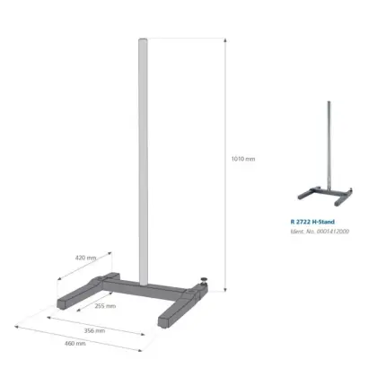 Technische Zeichnung mit Maßangaben des IKA R 2722 H-Stativs (Höhe 1010 mm, Breite 460 mm, Tiefe 356 mm) inklusive Detaildarstellung der Ident. No. 0001412000 vor weißem Hintergrund