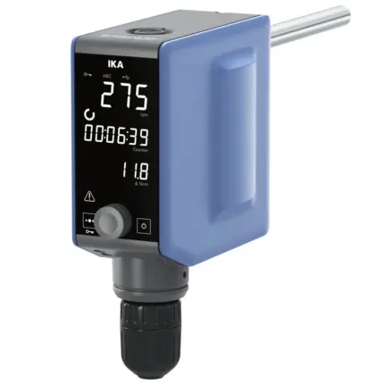 IKA EUROSTAR 400 high torque digital Rührwerk mit digitaler Anzeige, zentralem Drehregler und blau-grauem Gehäuse in schräger Seitenansicht vor weißem Hintergrund