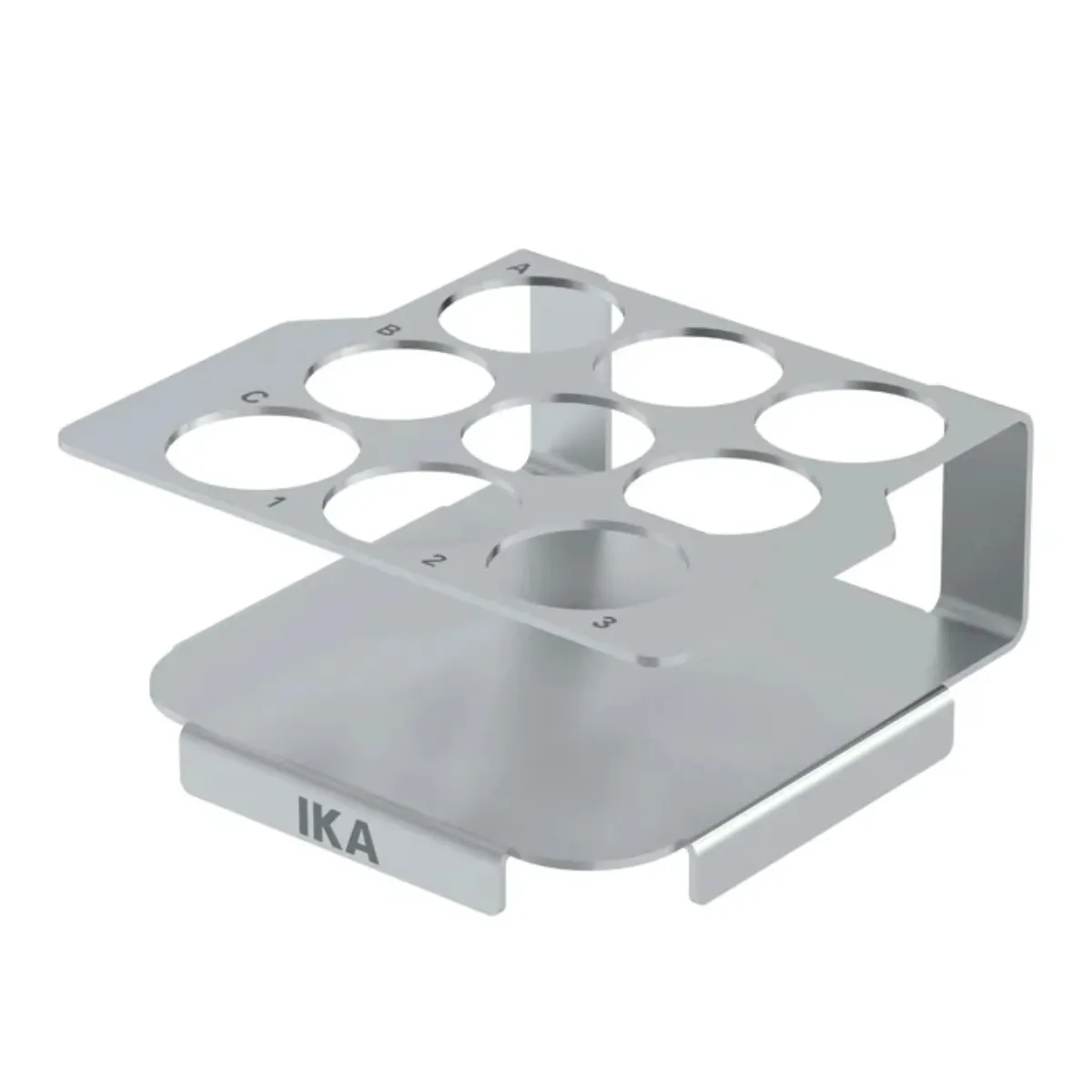 IKA MIX.IX.28 Gefäßhalterung für 9 Probengefäße 28 mm IKA MIX.IX.28 Gefäßhalterung für 9 Probengefäße mit 28 mm Durchmesser aus Edelstahl mit IKA-Logo vor hellem Hintergrund