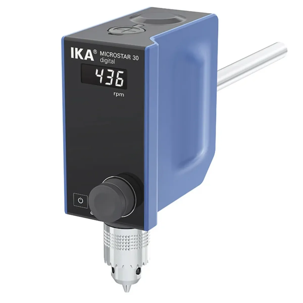 IKA MICROSTAR 30 digital Kompakt-Laborrührwerk IKA MICROSTAR 30 digital Kompakt-Laborrührwerk mit digitaler LED-Anzeige, Drehregler und Bohrfutter in schräger Gesamtansicht vor weißem Hintergrund