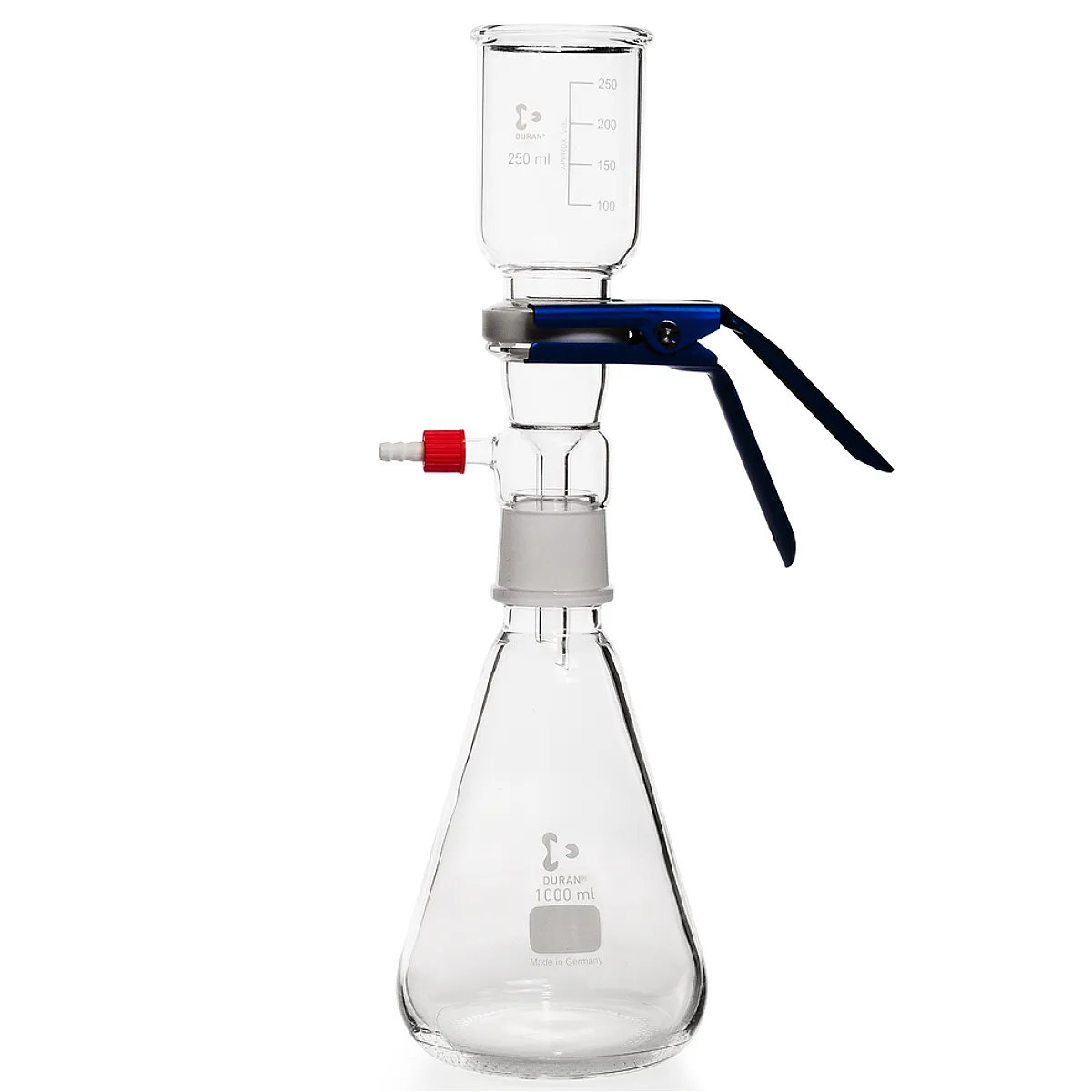 DURAN Filtrationsapparatur für 47-mm-Membranen 250 ml / 1000 ml DURAN Filtrationsapparatur für 47-mm-Membranen, 250 ml Aufsatz und 1000 ml Saugflasche, Borosilikatglas 3.3 in Vorderansicht im freigestellten Format