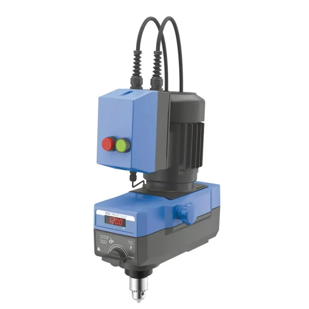 IKA RW 47 digital Laborrührwerk IKA RW 47 digital Laborrührwerk mit digitaler LED-Anzeige, separater Bedieneinheit mit Start-/Stopp-Tasten, Motorblock und robustem Bohrfutter in schräger Gesamtansicht vor weißem Hintergrund
