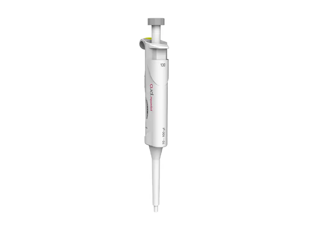 AHN pipet4u Pro Einkanal-Mikroliterpipette 10 – 100 ul AHN pipet4u Pro Einkanal-Mikroliterpipette für den Volumenbereich von 10 bis 100 ul in ergonomischer Ausführung vor hellem Hintergrund