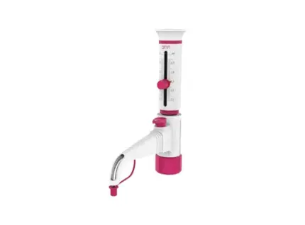 AHN myDpette Flaschenaufsatzdispenser für den Volumenbereich von 0,25 bis 2,5 ml in weiß-pinker Ausführung vor hellem Hintergrund