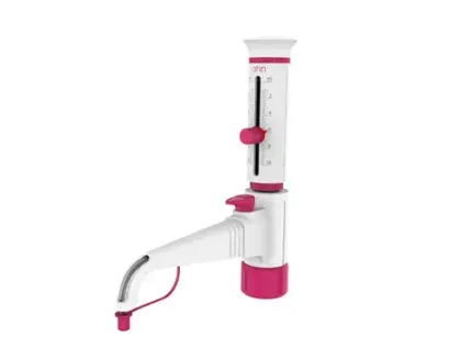 AHN myDpette Flaschenaufsatzdispenser für den Volumenbereich von 1,0 bis 10,0 ml in weiß-pinker Ausführung vor hellem Hintergrund