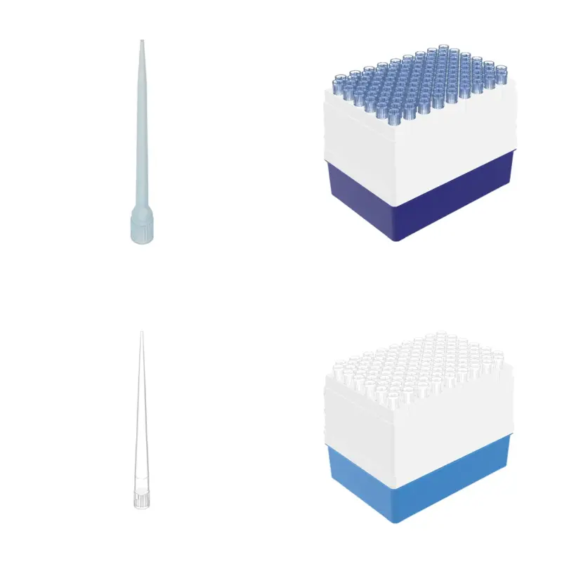 Übersichtsdarstellung von AHN myTip Robotic Pipettenspitzen für Dynex DSX und DS2 in verschiedenen Volumenausführungen als Einzelspitzen und im sortierten Labor-Rack