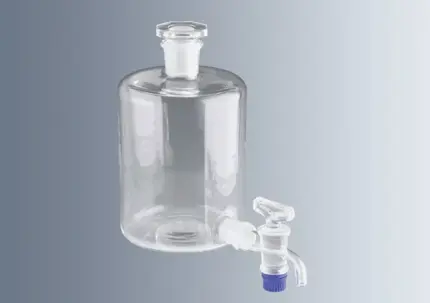 Marienfeld Abklärflasche mit Glas-Normschliffstopfen und Bodenhahn aus Borosilikatglas 3.3 (Simax) in Vorderansicht im freigestellten Format