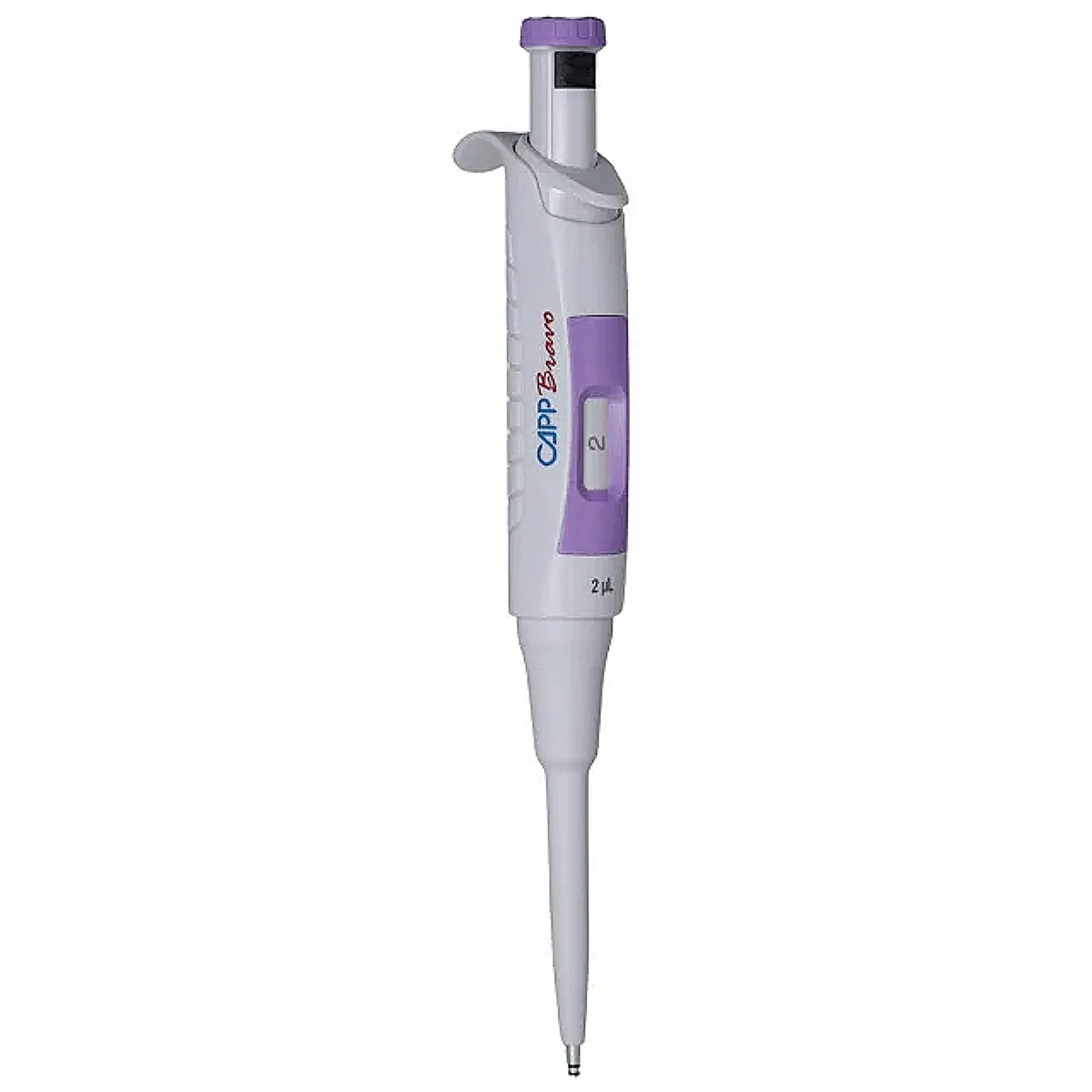CAPP Bravo Fixvolumen-Pipette 2 ul CAPP Bravo Fixvolumen-Pipette 2 ul mit violettem Bedienelement und fester Volumenanzeige vor hellem Hintergrund