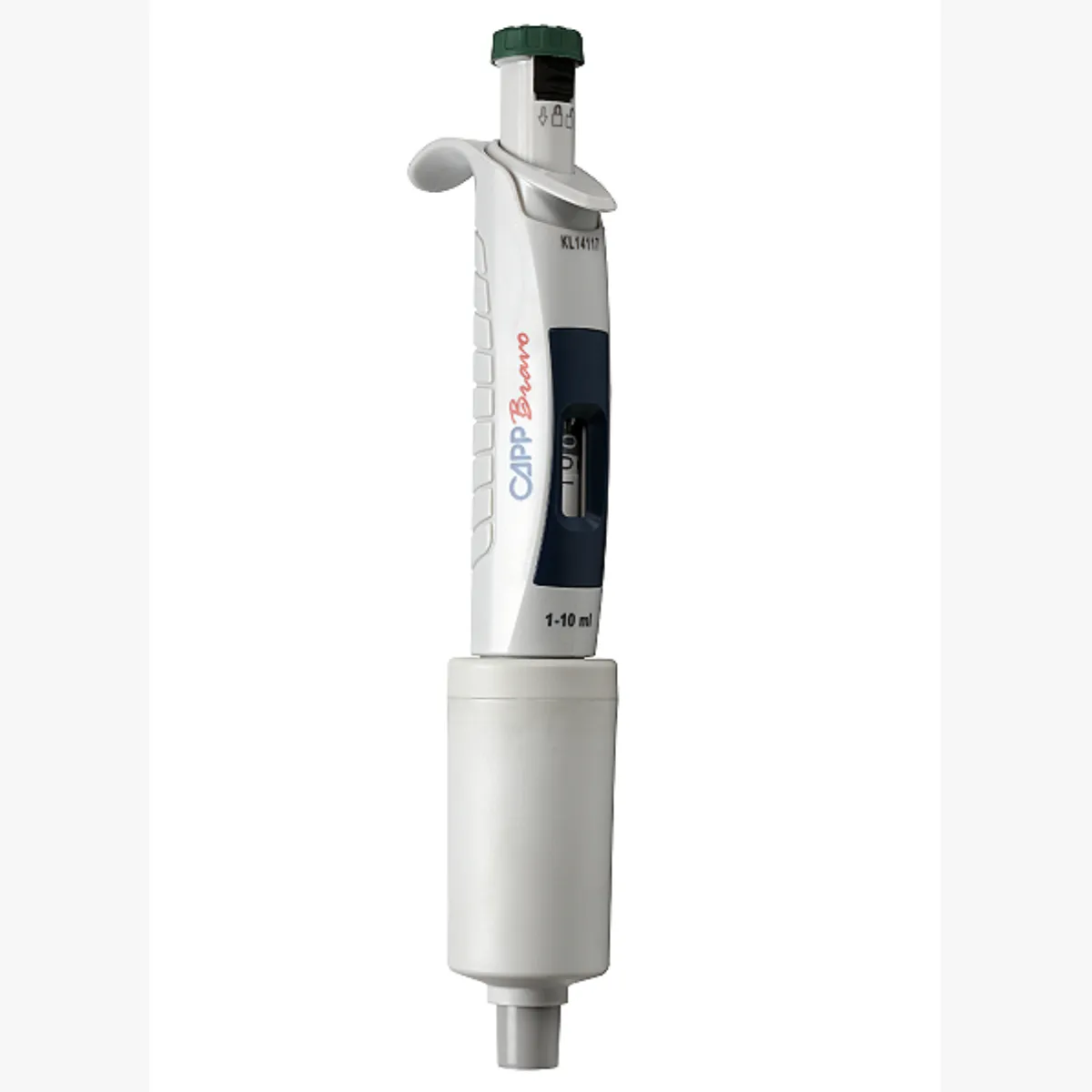 CAPP Bravo Manuelle Einkanalpipette 1 bis 10 ml variabel CAPP Bravo Manuelle Einkanalpipette 1 bis 10 ml variabel mit grünem Bedienelement und digitaler Volumenanzeige vor hellem Hintergrund