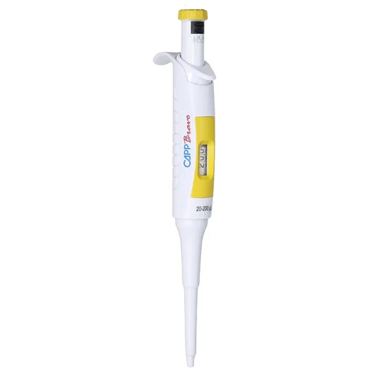 CAPP Bravo Manuelle Einkanalpipette 20 bis 200 ul variabel CAPP Bravo Manuelle Einkanalpipette 20 bis 200 ul variabel mit gelbem Bedienelement und digitaler Volumenanzeige vor hellem Hintergrund