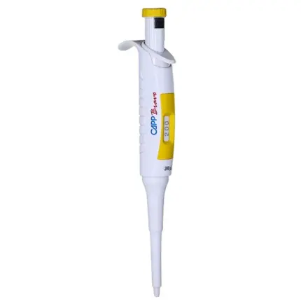 CAPP Bravo Fixvolumen-Pipette 200 ul mit gelbem Bedienelement und fester Volumenanzeige vor hellem Hintergrund