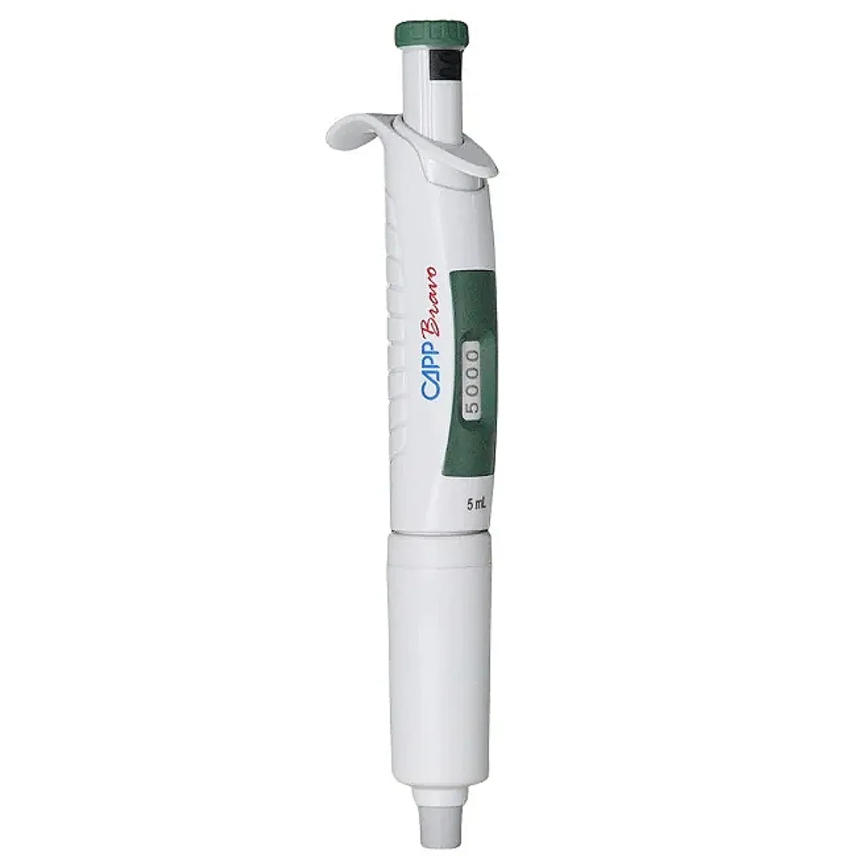 CAPP Bravo Fixvolumen-Pipette 5 ml CAPP Bravo Fixvolumen-Pipette 5 ml mit grünem Bedienelement und fester Volumenanzeige vor hellem Hintergrund
