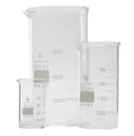 Borostar Becherglas, hohe Form, mit Ausguss, Graduierung und Schriftfeld aus Borosilikatglas 3.3 in verschiedenen Ausführungen in Vorderansicht im freigestellten Format
