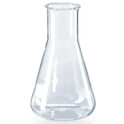 Brand Erlenmeyerkolben weithalsig (WH) mit Bördelrand und Graduierung nach DIN EN ISO 24450 aus Borosilikatglas 3.3 in Vorderansicht vor weißem Hintergrund