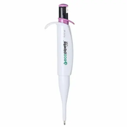 CAPP Ecopipette manuelle Einkanal-Pipette 0,2 bis 2 ul mit verlängertem Schaft und violettem Bedienelement vor hellem Hintergrund