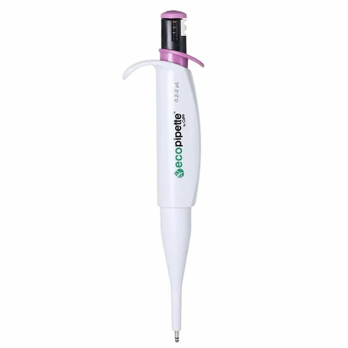 CAPP Ecopipette manuelle Einkanal-Pipette 0,2 bis 2 ul verlängerter Schaft CAPP Ecopipette manuelle Einkanal-Pipette 0,2 bis 2 ul mit verlängertem Schaft und violettem Bedienelement vor hellem Hintergrund