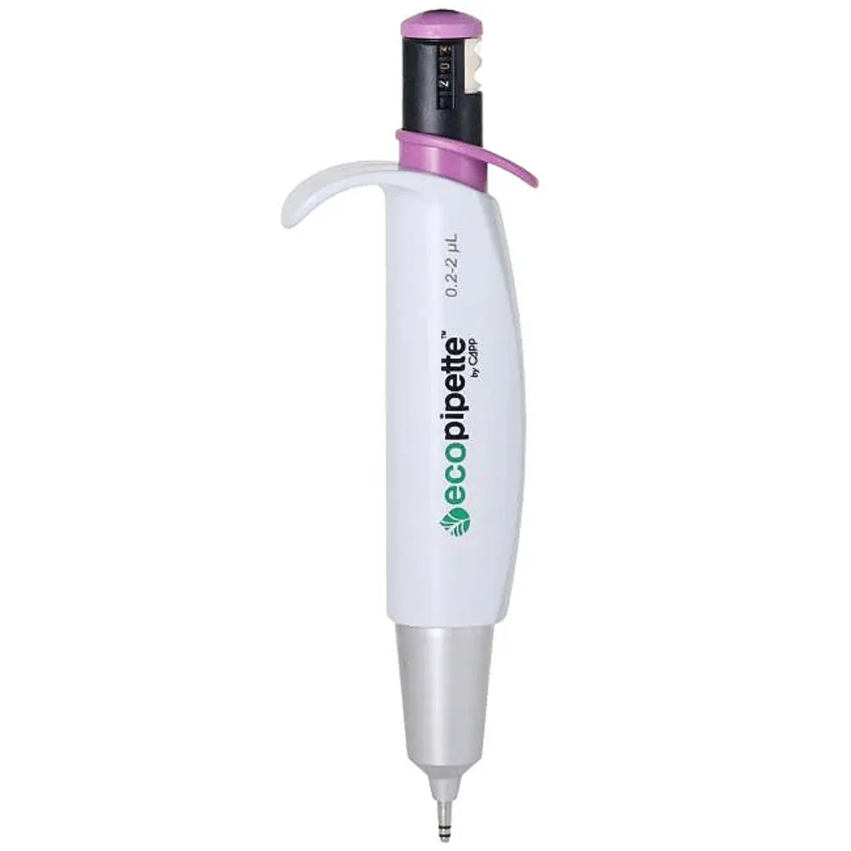 CAPP Ecopipette manuelle Einkanal-Pipette 0,2 bis 2 ul CAPP Ecopipette manuelle Einkanal-Pipette 0,2 bis 2 ul mit violettem Bedienelement und digitaler Volumenanzeige vor hellem Hintergrund