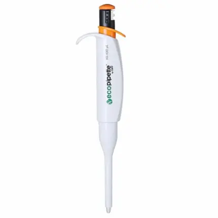 CAPP Ecopipette manuelle Einkanal-Pipette 10 bis 100 ul mit orangenem Bedienelement und digitaler Volumenanzeige vor hellem Hintergrund