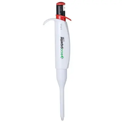 CAPP Ecopipette manuelle Einkanal-Pipette 5 bis 50 ul mit rotem Bedienelement und digitaler Volumenanzeige vor hellem Hintergrund