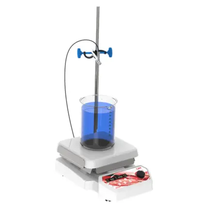 CAPPRondo Magnetrührer mit Heizplatte CRS-22H mit 1 Rührstelle, bis 550 Grad C und 2.200 RPM in weiß-rotem Gehäusedesign mit Becherglas und Temperaturfühler vor hellem Hintergrund