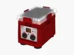 CAPP Rondo CRP-18X Mikrotiterplatten-Shaker in roter Ausführung mit digitalem LED-Display, Drehreglern und aufgesetzter Mikrotiterplatte vor hellem Hintergrund