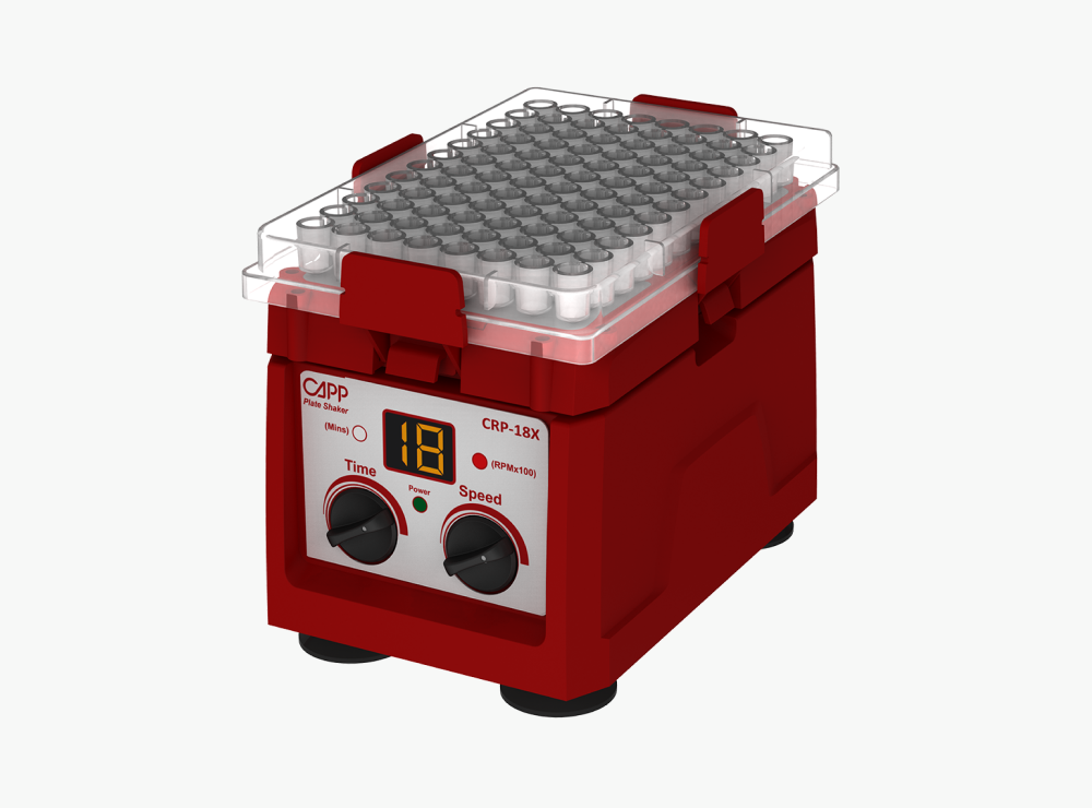 CAPP Rondo CRP-18X Mikrotiterplatten-Shaker CAPP Rondo CRP-18X Mikrotiterplatten-Shaker in roter Ausführung mit digitalem LED-Display, Drehreglern und aufgesetzter Mikrotiterplatte vor hellem Hintergrund