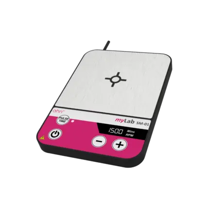 AHN myLab Single Plate Magnetic Stirrer SM-01 Kompakter Magnetrührer bis 1.500 RPM mit Mikroprozessorsteuerung vor transparentem Hintergrund