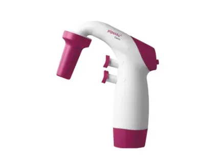 AHN pipet4u Oasis Pipettencontroller für den Volumenbereich von 0,1 bis 100 ml in ergonomischer weiß-pinker Ausführung vor hellem Hintergrund