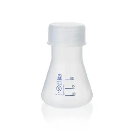 100 ml BRAND Erlenmeyerkolben mit Weithals, Graduierung und Schraubkappe GL 45 aus robustem Polypropylen (PP) für Labor.