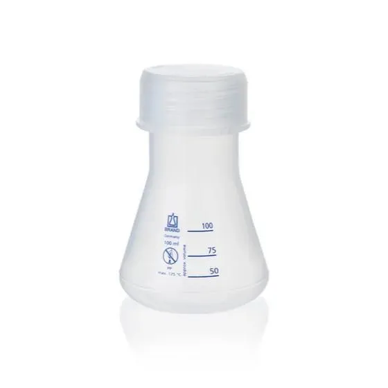 100 ml BRAND Erlenmeyerkolben Weithals PP GL 45 100 ml BRAND Erlenmeyerkolben mit Weithals, Graduierung und Schraubkappe GL 45 aus robustem Polypropylen (PP) für Labor.