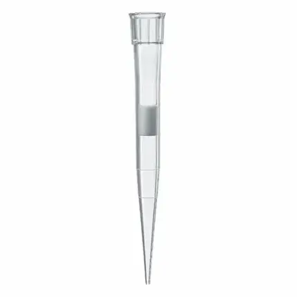 Einzelne BIO-CERT LIQUID HANDLING QUALITY BRAND Filterspitze von 5 bis 100 µl aus farblosem PP mit PE-Filter.