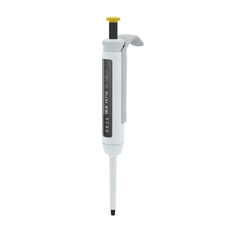 IKA PETTE vario Einkanal-Pipette 10-100 µl ISO 8655 IKA PETTE vario mechanische Einkanal-Pipette 10–100 µl mit DLC-beschichtetem Edelstahl-Kolben nach ISO 8655.