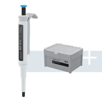 IKA PETTE vario mechanische Einkanal-Pipette 100–1000 µl mit PPSU-Kolben und passender Pipettenspitzen-Box nach ISO 8655.