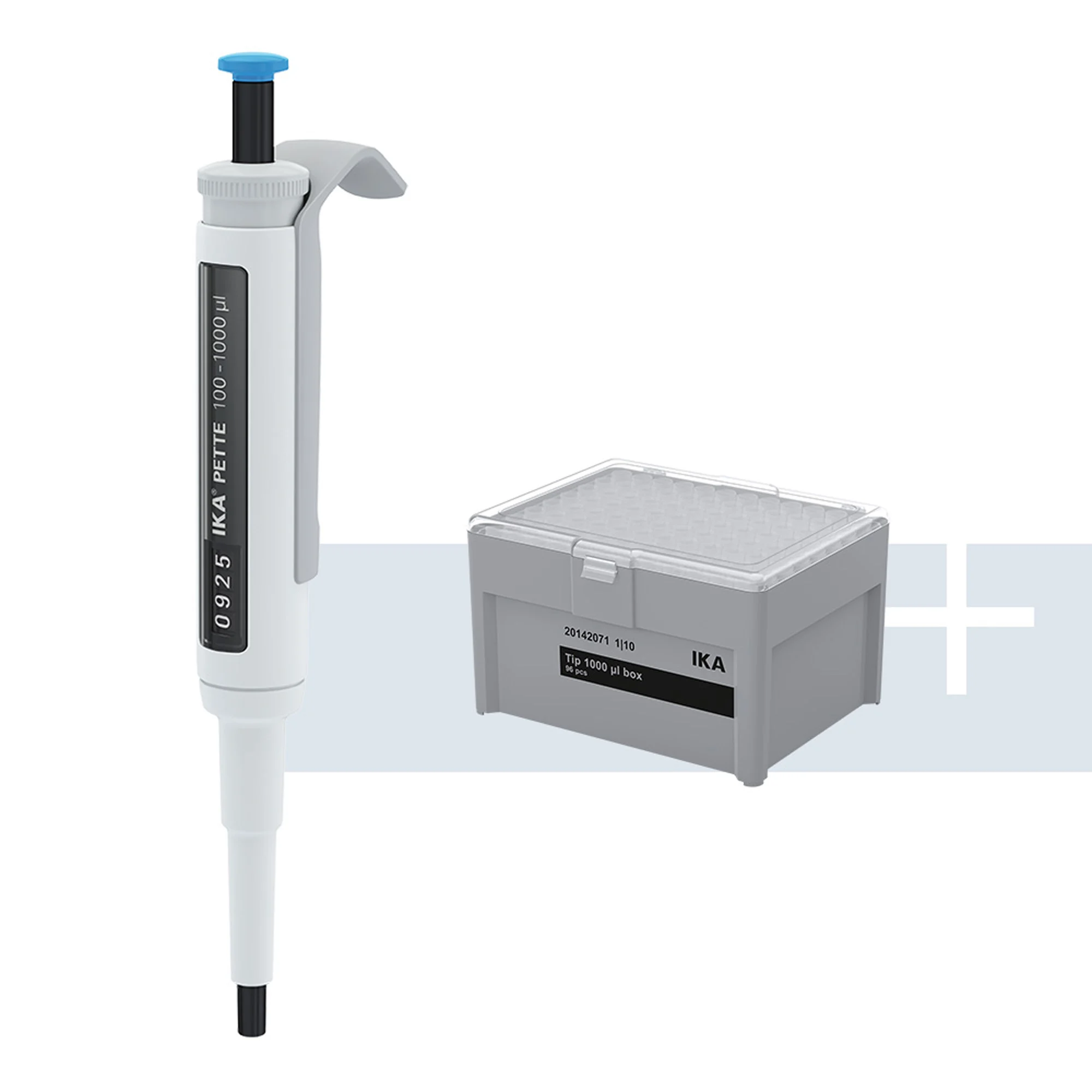IKA PETTE vario Einkanal-Pipette 100-1000 µl ISO 8655 IKA PETTE vario mechanische Einkanal-Pipette 100–1000 µl mit PPSU-Kolben und passender Pipettenspitzen-Box nach ISO 8655.