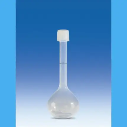 Vitlab Messkolben aus chemisch beständigem PFA der Klasse A mit PFA-Schraubkappe für präzise Volumenmessungen im Labor.