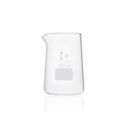Einzelner DURAN Philipsbecher mit Ausguss (150 ml) aus Borosilikatglas 3.3 in konischer Form für Laboranwendungen.