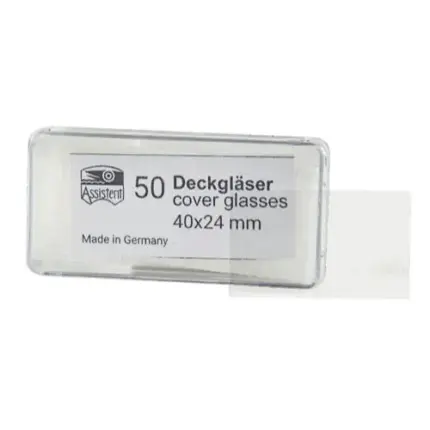Packung Assistent Deckgläser 40x24 mm aus Borosilikatglas mit kontrollierter Dicke für die Mikroskopie im Labor.