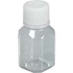 Einzelne sterile, achteckige Bürkle Laborflasche aus PET (125 ml) mit Enghals, GL 38 Gewinde und weißem Verschluss für Laboranwendungen.