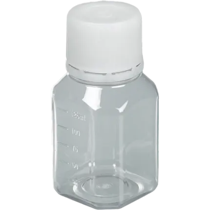 Einzelne sterile, achteckige Bürkle Laborflasche aus PET (125 ml) mit Enghals, GL 38 Gewinde und weißem Verschluss für Laboranwendungen.