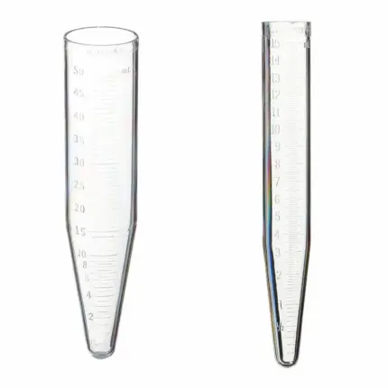 Zwei Thermo Scientific Nalgene konische Zentrifugenröhrchen aus Polycarbonat (PC) in den Größen 50 ml und 15 ml mit Skala für Laboranwendungen.