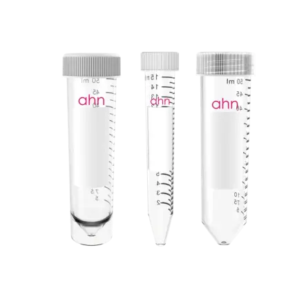 Übersichtsdarstellung verschiedener AHN myTube Zentrifugenröhrchen (15 ml und 50 ml) mit Schraubverschluss auf transparentem Hintergrund