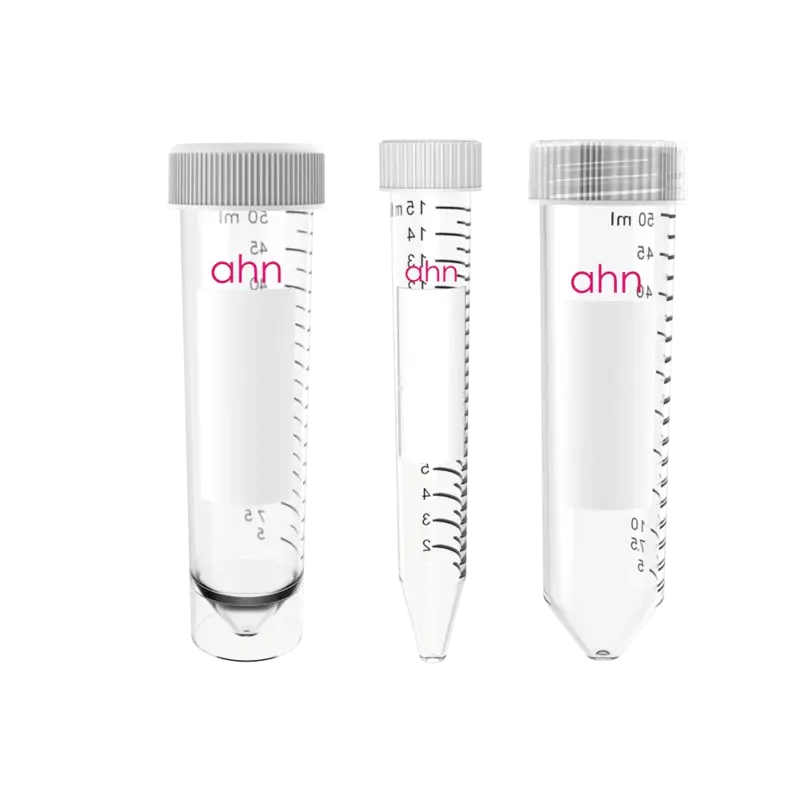 Übersichtsdarstellung verschiedener AHN myTube Zentrifugenröhrchen (15 ml und 50 ml) mit Schraubverschluss auf transparentem Hintergrund