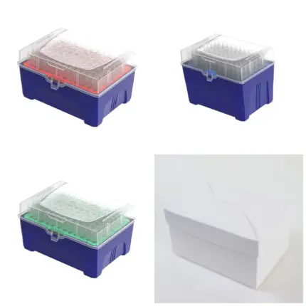 Übersichtsdarstellung verschiedener blauer Racks mit sterilen AHN myTip EL3 Filter-Pipettenspitzen und einem Eco-Rack