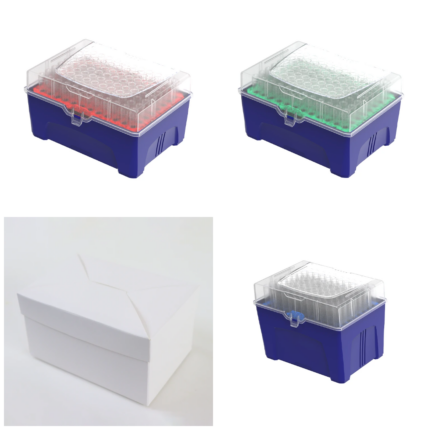 Übersichtsdarstellung verschiedener verpackter Ausführungen von sterilen AHN myTip EL3 Low-Retention-Filterpipettenspitzen für Rainin LTS-Pipetten und Eco-Rack