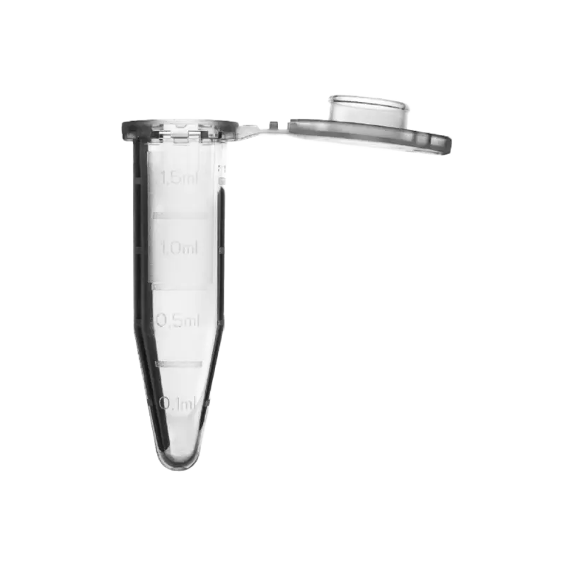 Ansicht eines einzelnen transparenten AHN myTube Mikrozentrifugenröhrchens (1,5 ml) mit geöffnetem Klappdeckel auf transparentem Hintergrund